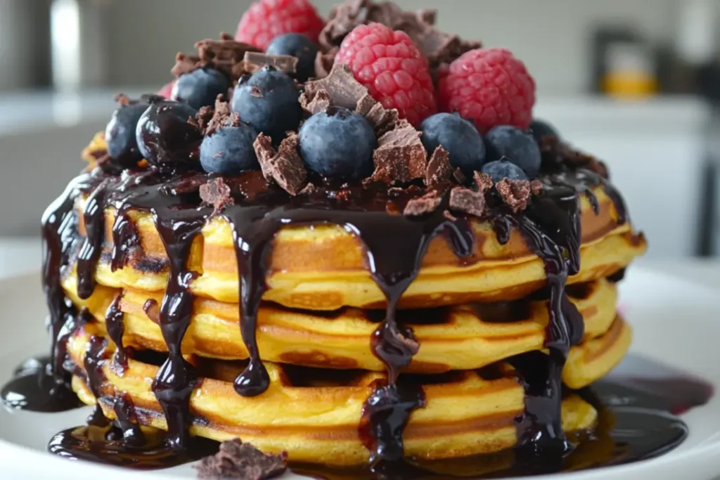 Chocolate delight Eggo waffles drizzled with chocolate sauce