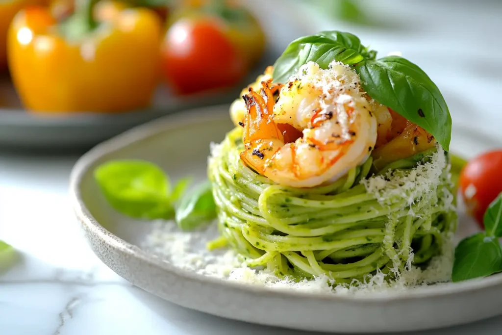 Plate of green spaghetti topped with grilled shrimp, fresh basil leaves, and grated cheese, garnished with cherry tomatoes and bell peppers in the background.