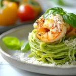 From Classic to Creative: Unique Ways to Enjoy Green Spaghetti 8 Plate of green spaghetti topped with grilled shrimp, fresh basil leaves, and grated cheese, garnished with cherry tomatoes and bell peppers in the background.