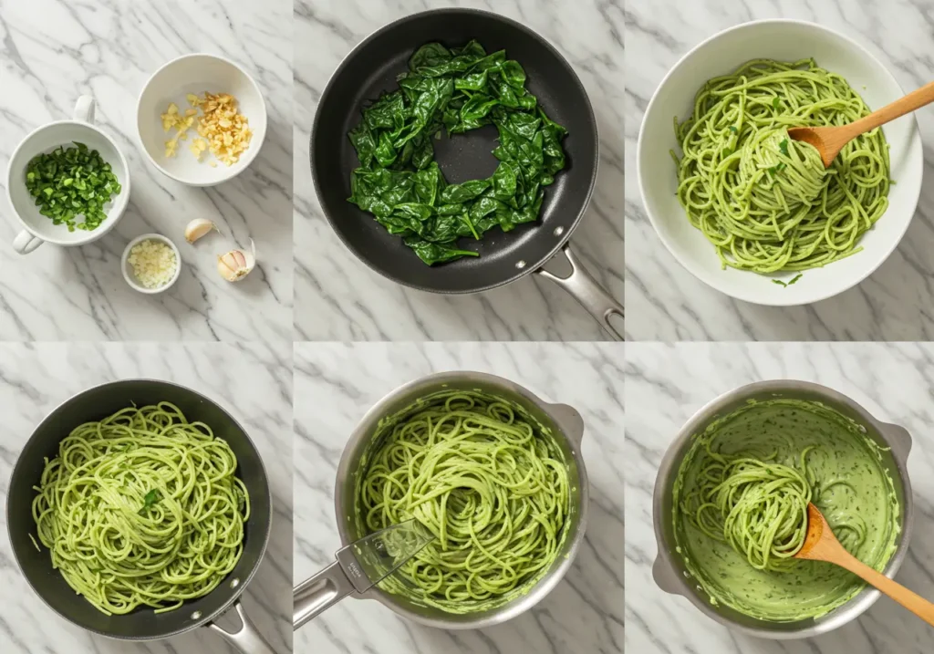 Step-by-step image making creamy green spaghetti