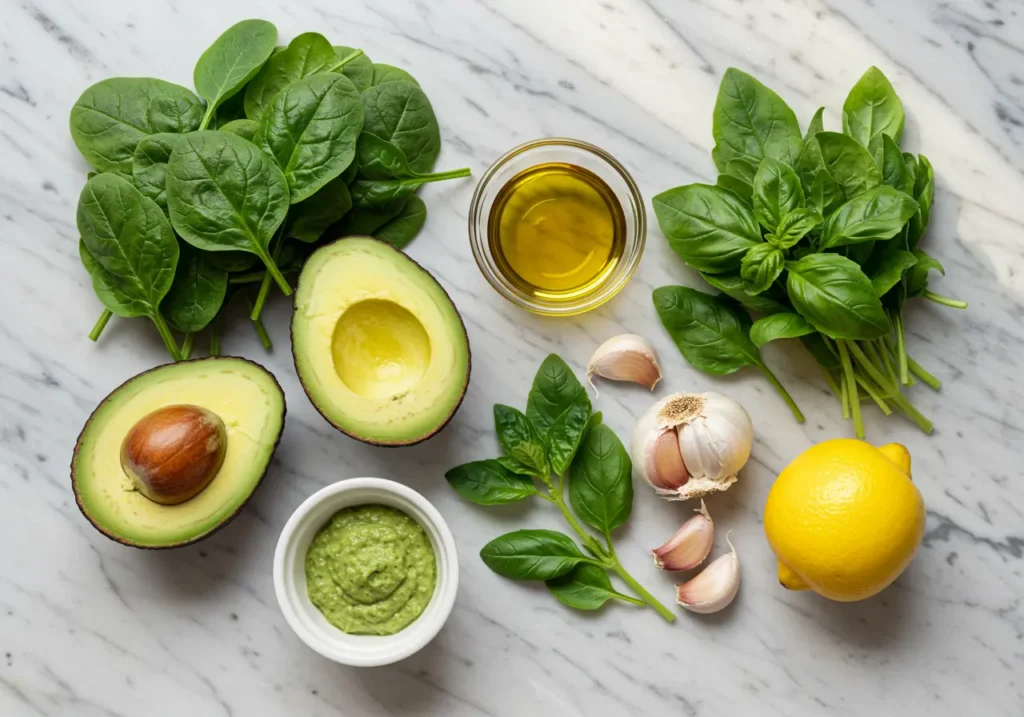 Fresh ingredients for green pesto: avocado, spinach, basil, olive oil, garlic, lemon, and a small bowl of pesto sauce, arranged on a marble surface.