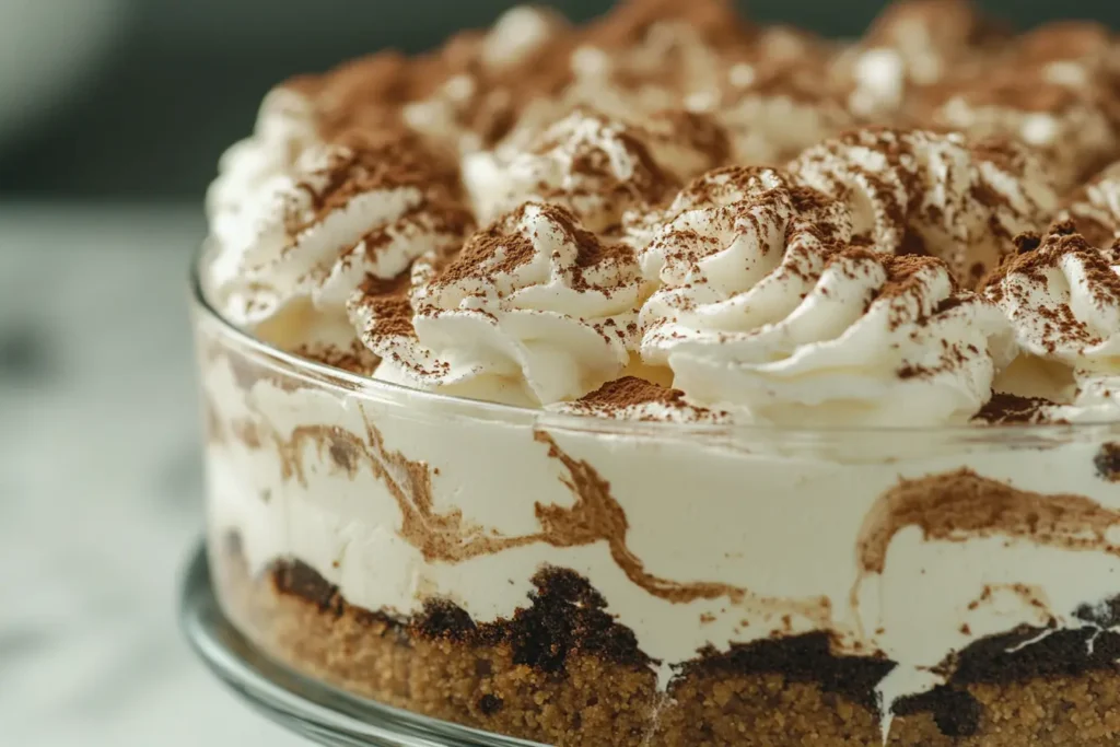 A layered cookies and cream dessert with a graham cracker crust, creamy filling, and chocolate swirls, topped with whipped cream and cocoa powder.