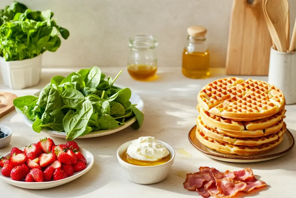 A balanced breakfast setup featuring waffles, fresh strawberries, spinach, whipped cream, honey, and crispy bacon.