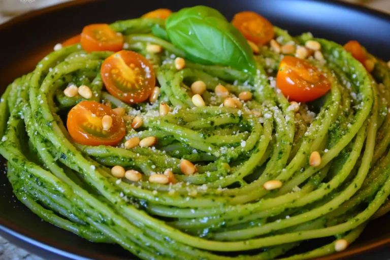 A black plate of green pesto spaghetti topped with cherry tomatoes, toasted pine nuts, fresh basil, and Parmesan cheese.