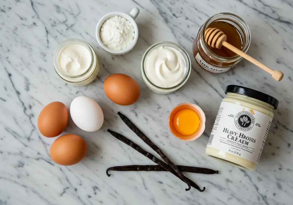 Key ingredients for a carnivore dessert recipe, like eggs, cream, and honey.