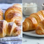 Freshly baked golden-brown croissants are displayed on a cooling rack and plate.