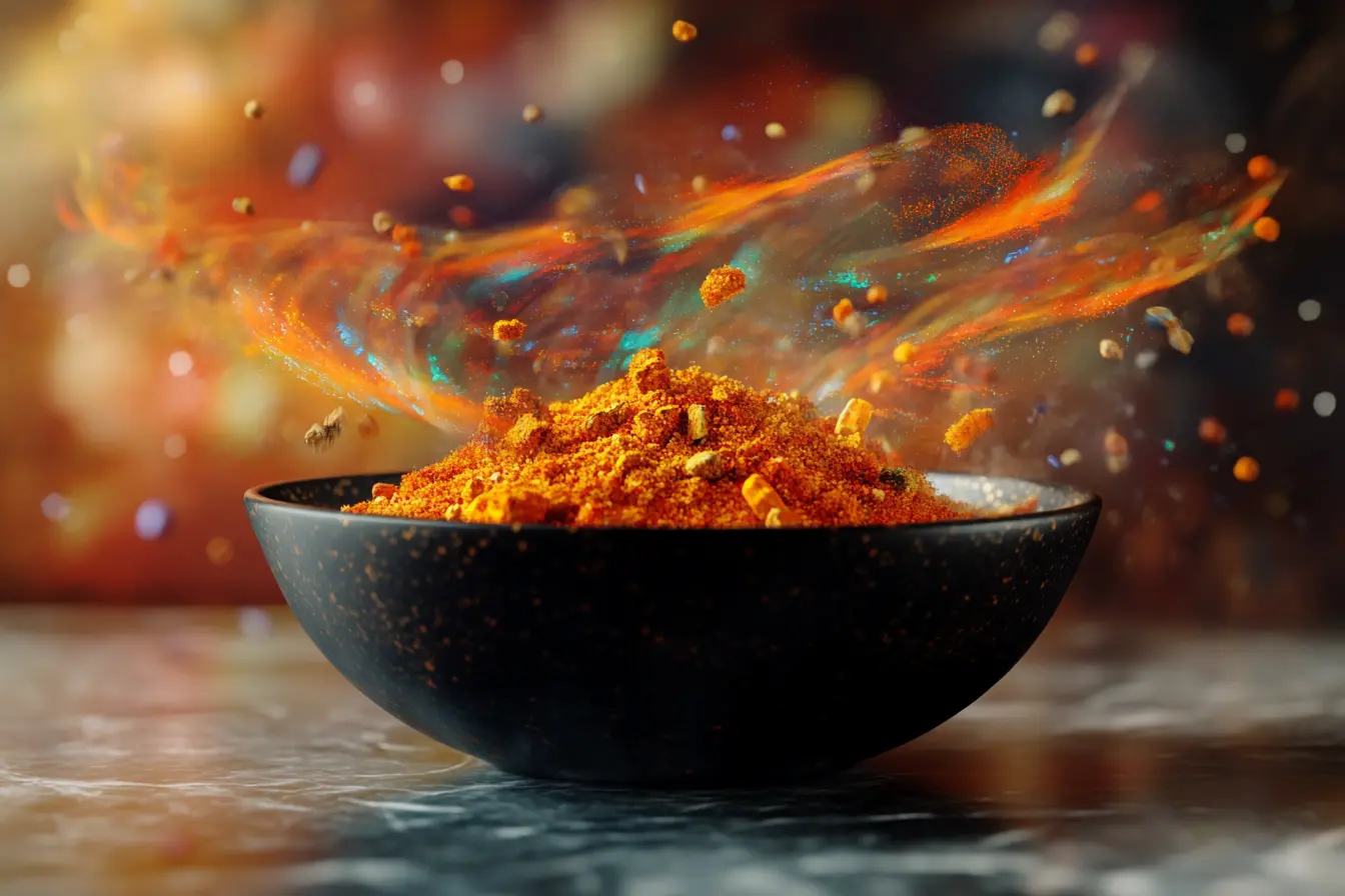 Futuristic shot of a vibrant spice blend swirling in a bowl with abstract, swirling elements around it, hyperrealistic, detailed, sharp focus