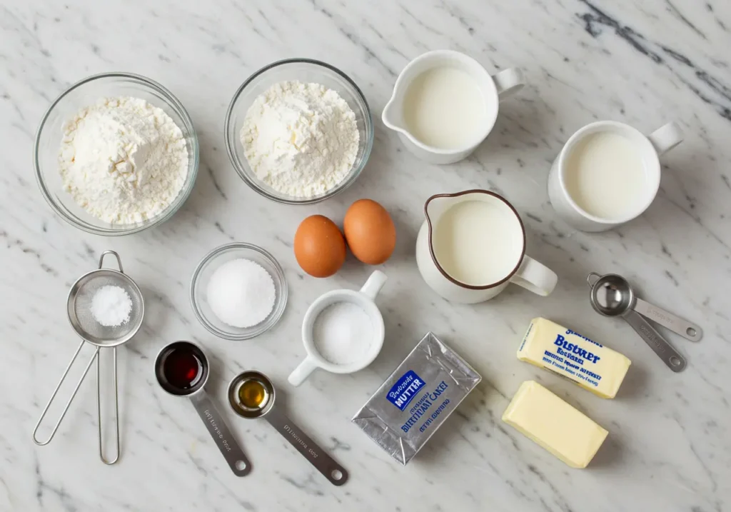 Ingredients for an elizabeth single mom birthday cake recipe.