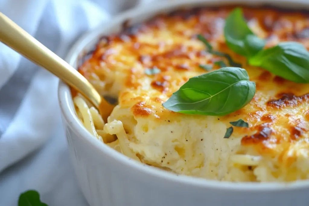 A serving of baked spaghetti being scooped out of a creamy, cheesy casserole dish with a golden spoon, garnished with fresh basil leaves.