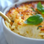 How to Make the Best Baked Spaghetti with Cream Cheese for Any Occasion 7 A serving of baked spaghetti being scooped out of a creamy, cheesy casserole dish with a golden spoon, garnished with fresh basil leaves.