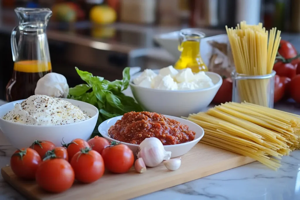 The ingredients you'll need for this delicious baked spaghetti casserole.