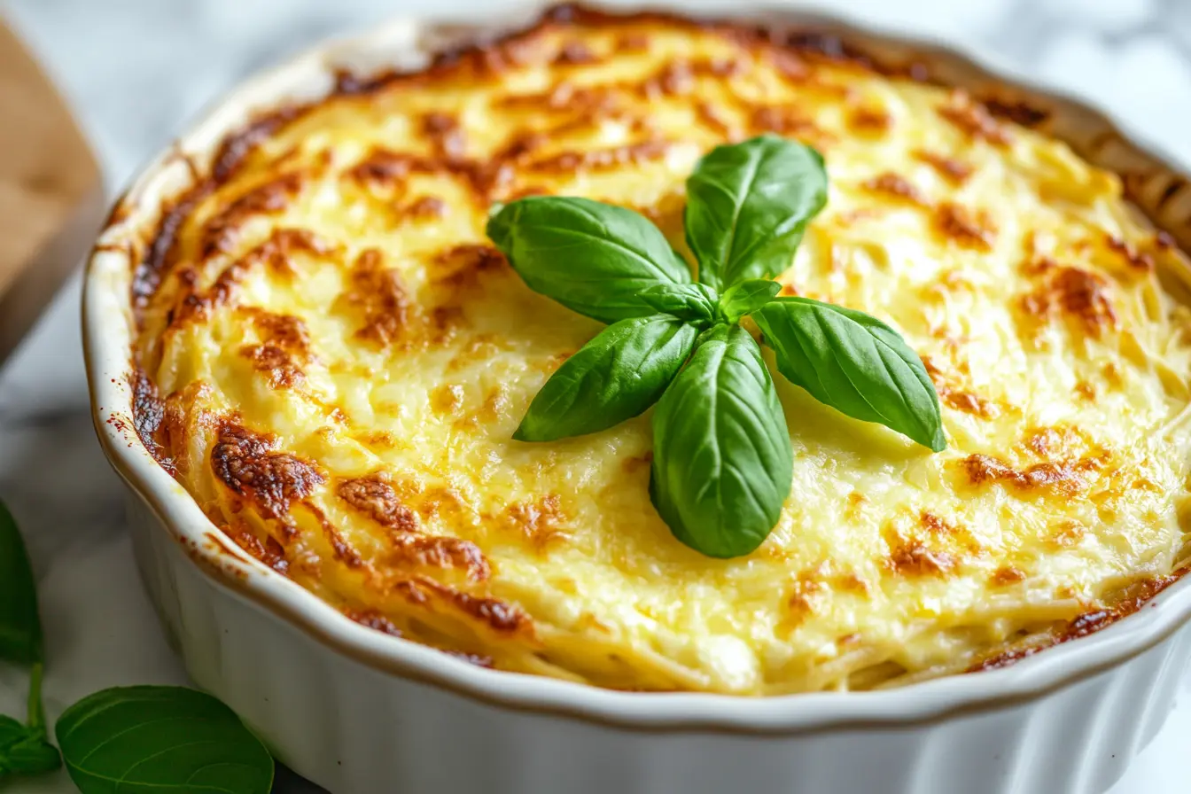 Delicious baked spaghetti with cream cheese, ready to serve.