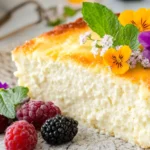 Delicious and creamy cottage cheese cake on a plate.