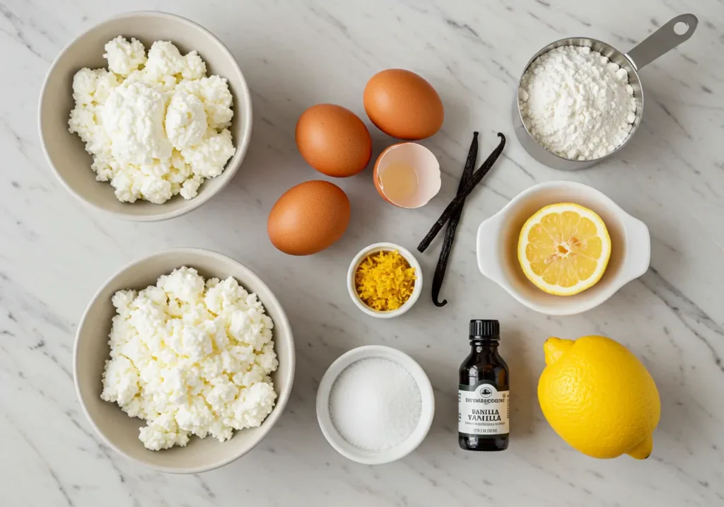 Key ingredients for making creamy cottage cheese cake.