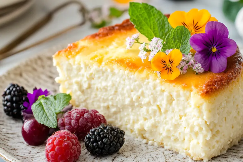 Delicious and creamy cottage cheese cake on a plate.