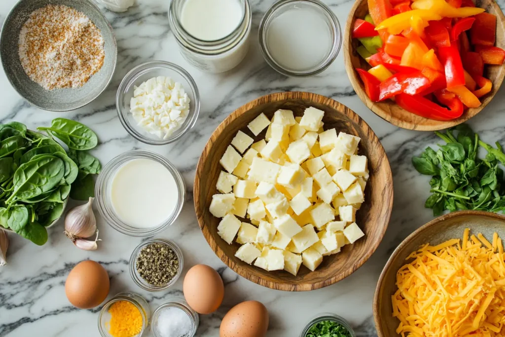 Ingredients for a gluten-free breakfast casserole, including eggs, vegetables, and gluten-free bread.