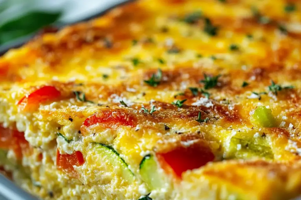 Delicious gluten-free breakfast casserole with vegetables and cheese.