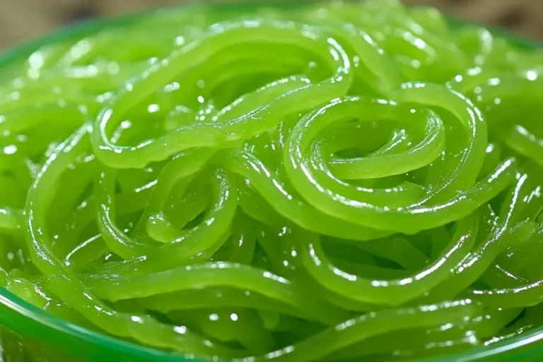 Close-up view of shiny, vibrant green spaghetti strands in a glass bowl.