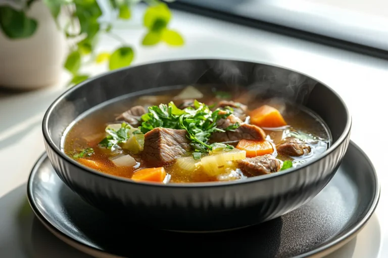 A steaming bowl of beef broth with chunks of tender meat, carrots, and celery, garnished with fresh parsley.