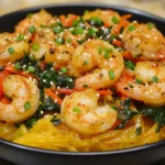 Is It OK to Eat Green Spaghetti Squash? A Detailed Guide 4 A vibrant shrimp stir-fry with spaghetti squash, sautéed vegetables, sesame seeds, and fresh green onions served in a black bowl.