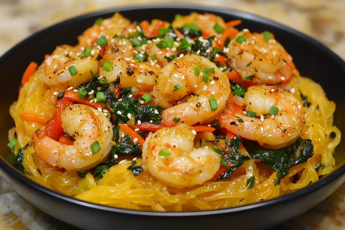 A vibrant shrimp stir-fry with spaghetti squash, sautéed vegetables, sesame seeds, and fresh green onions served in a black bowl.