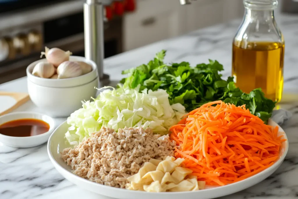 Fresh ingredients for homemade air fryer egg rolls displayed on a marble countertop, including ground chicken, shredded cabbage and carrots, minced garlic, soy sauce, oyster sauce, grated ginger, egg roll wrappers, and vegetable oil in a modern kitchen setting.