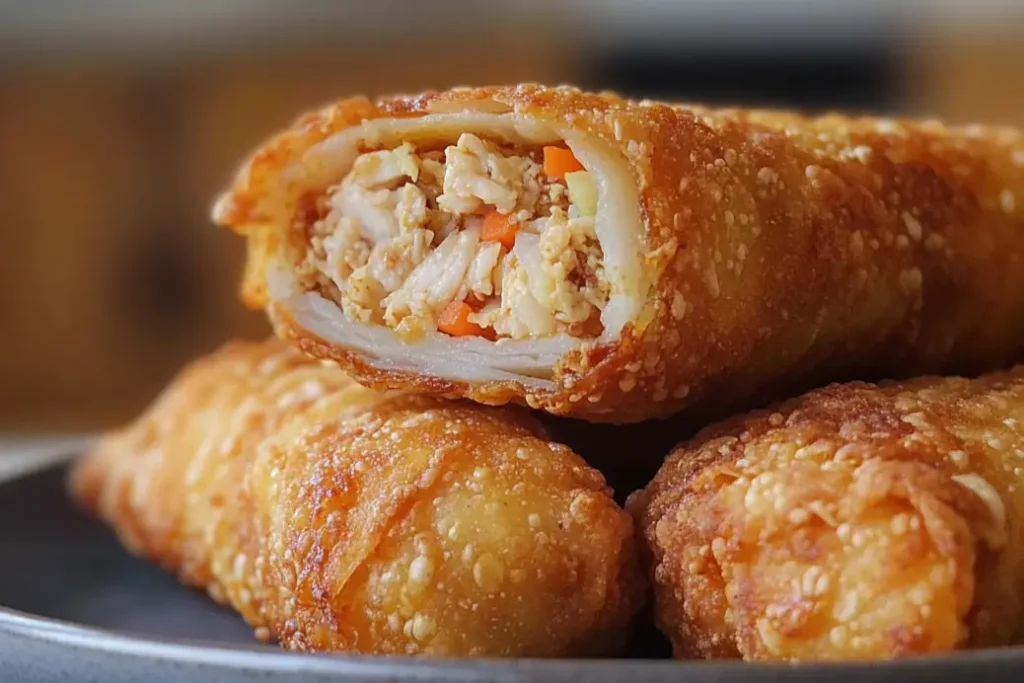 Crispy golden egg roll halved to reveal savory chicken and carrot filling.