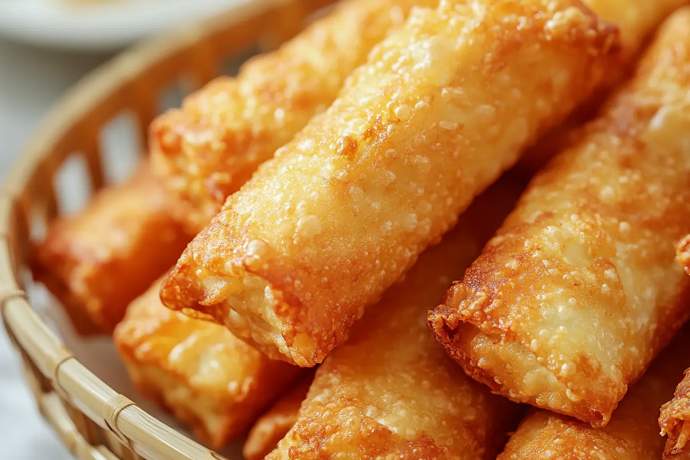 Crispy golden egg roll halved to reveal savory chicken and carrot filling.