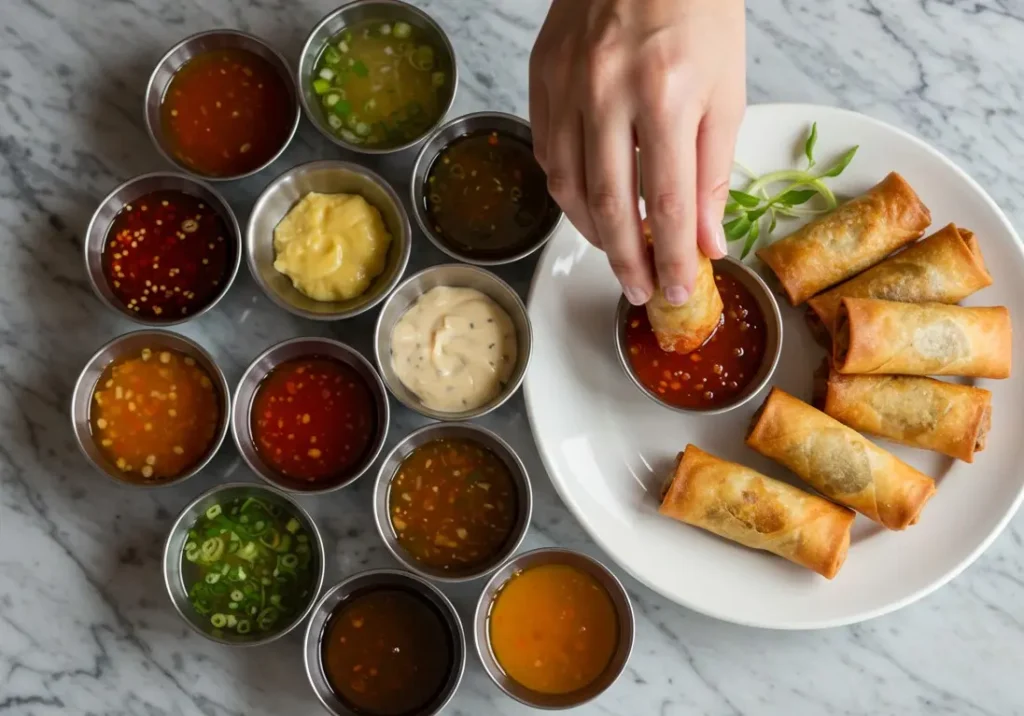 Variety of savory dipping sauces paired with crispy egg rolls on a marble table