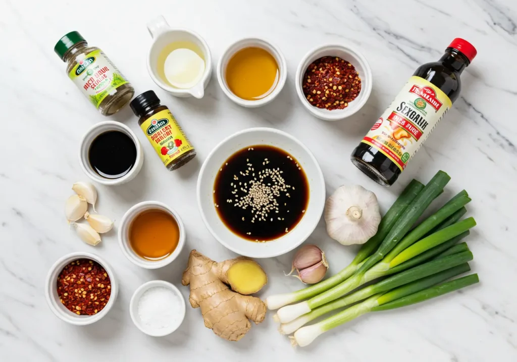 Ingredients for a simple and savory sesame ginger dipping sauce.