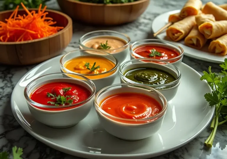 Assortment of simple and savory dipping sauces for egg rolls.