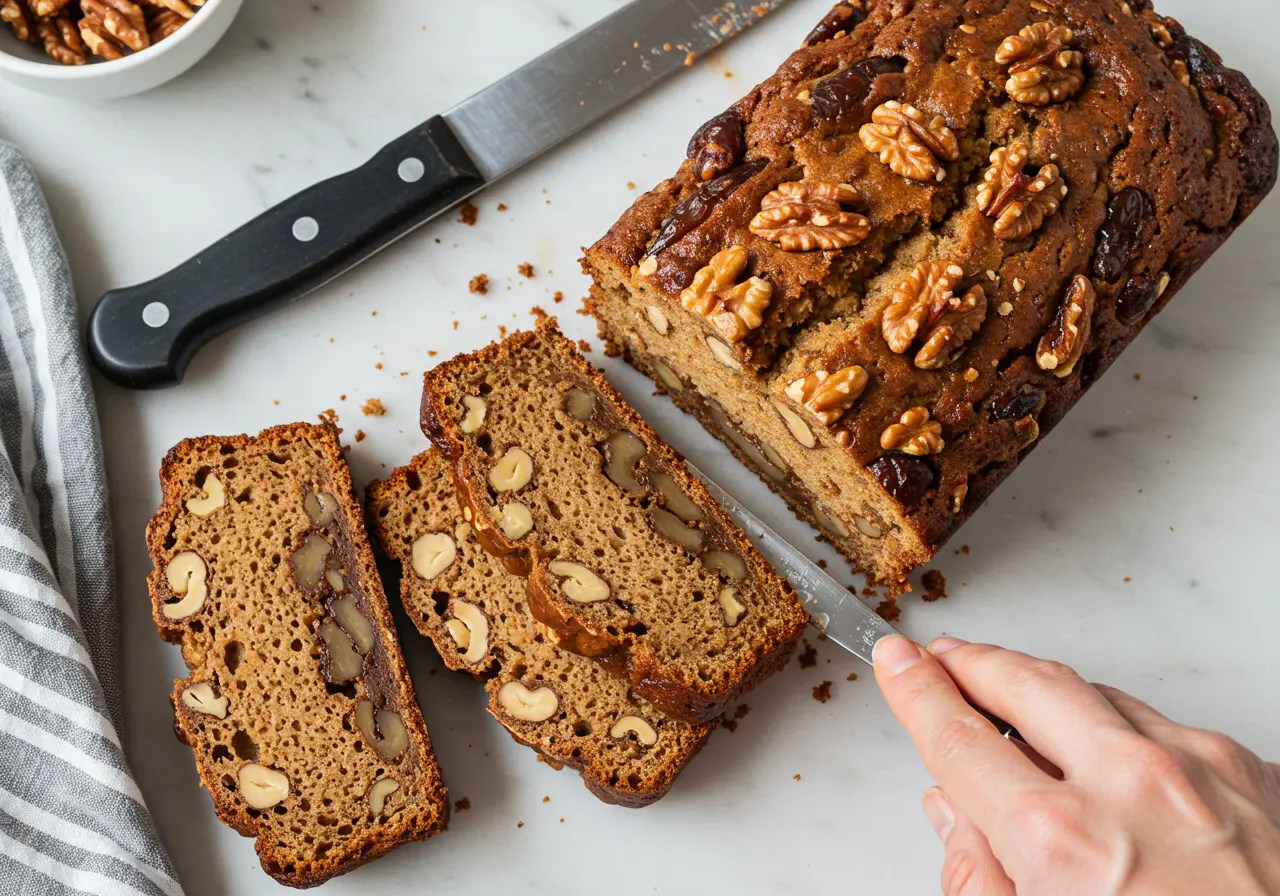 Freshly baked date nut bread recipe loaf on a wooden cutting board.