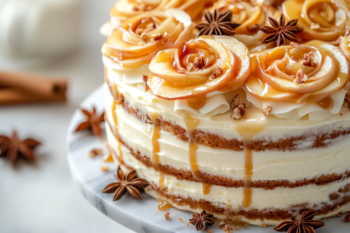 A layered cake decorated with apple roses, star anise, and a caramel drizzle sits on a marble cake stand.