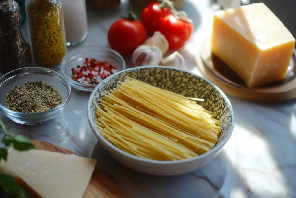 A bowl of uncooked spaghetti surrounded by fresh tomatoes, garlic, a block of cheese, and various spices on a marble countertop.