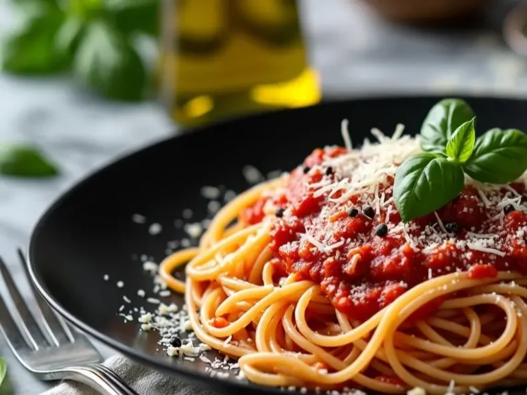 Grated Parmesan cheese on a plate of spaghetti.