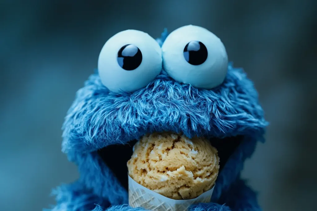 Blue-furred Muppet puppet showing googly eyes, illustrating What is Cookie Monster made of?