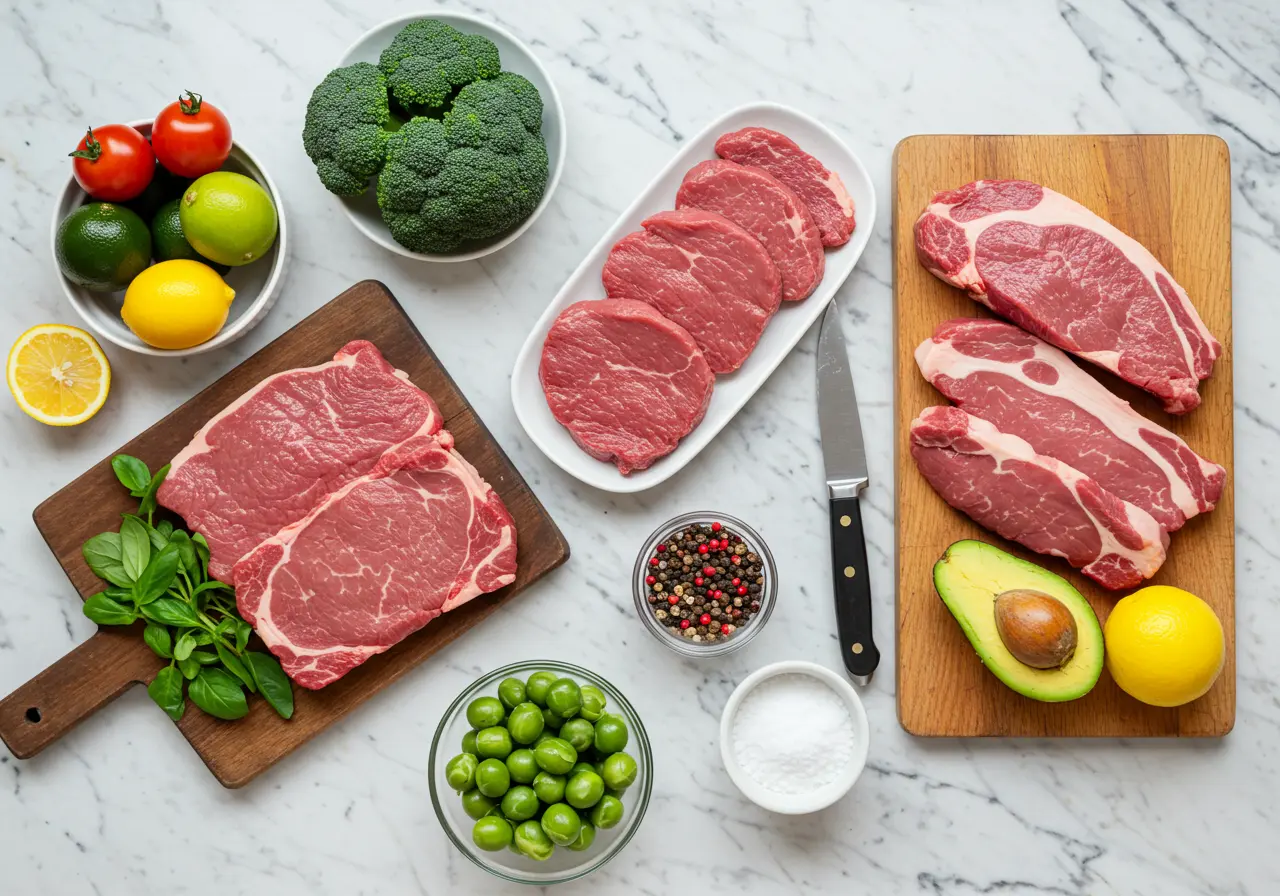 Fresh raw steaks of What Is the 80/20 Rule for Carnivore Diet? on wooden boards surrounded by broccoli, tomatoes, avocado, lemon, green olives, and assorted spices on a marble countertop.