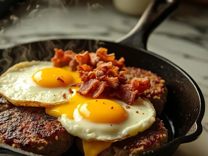 Two beef burger patties cooking in a cast iron skillet, one topped with melted cheese and the other with butter, alongside another skillet with sunny-side-up eggs and a patty topped with diced bacon.