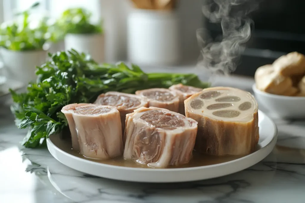 A plate of steaming bone marrow surrounded by fresh parsley, ready to create a low-carb, protein-packed soup.