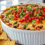 Delicious taco dip recipe with toppings.