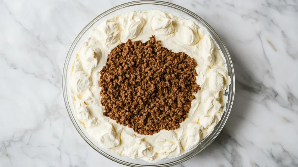 Mixing softened cream cheese and sour cream for taco dip.