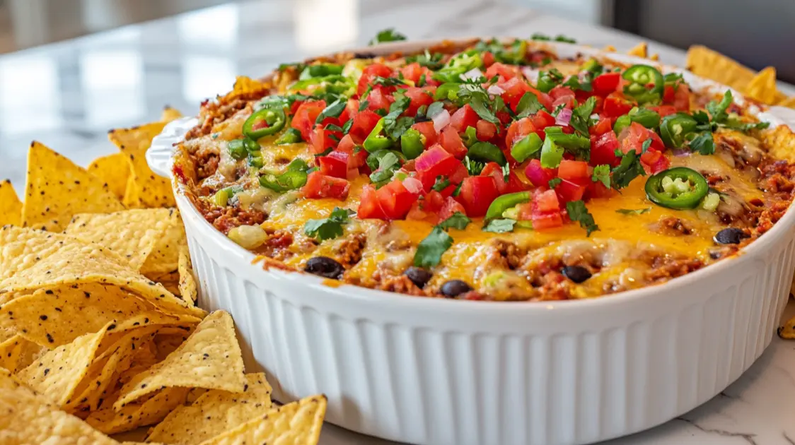 Delicious taco dip recipe with toppings.