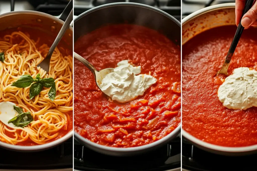 A step-by-step collage of cooking creamy tomato sauce, featuring spaghetti mixed with basil, tomato sauce simmering with cream cheese, and stirring it all together.