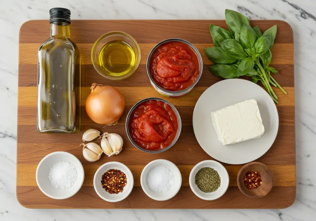 Fresh ingredients for creamy tomato sauce, including olive oil, canned tomatoes, onion, garlic, basil, and cream cheese, neatly arranged on a wooden board.