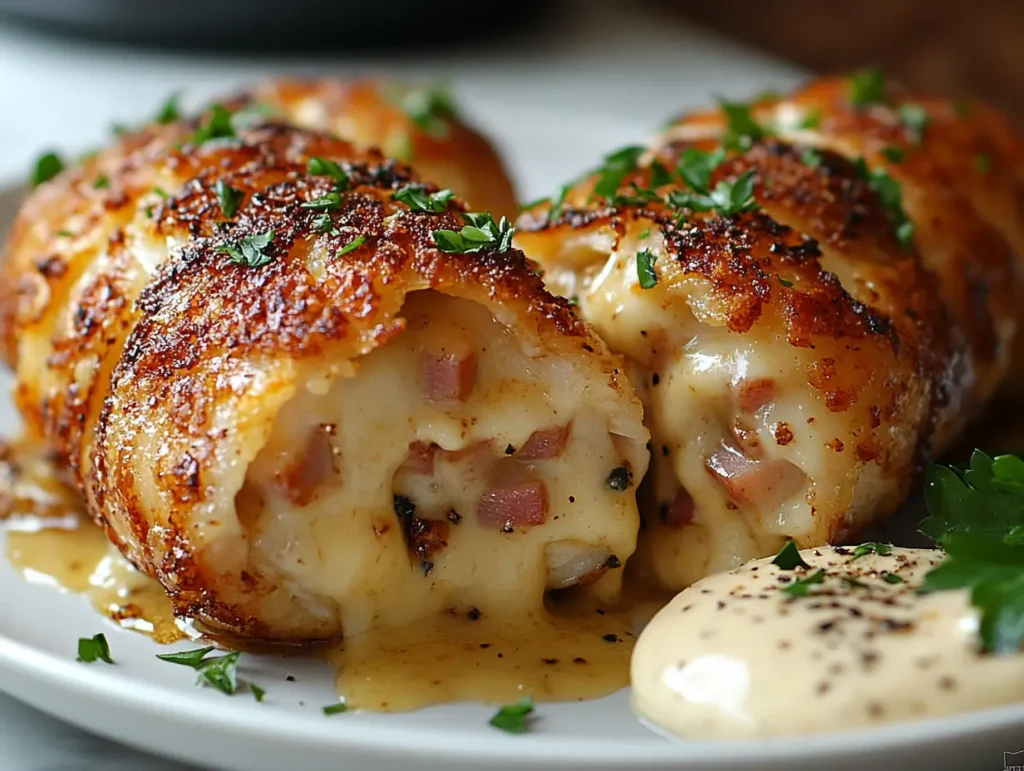 Serve and enjoy the plate of deli chicken cordon bleu dish