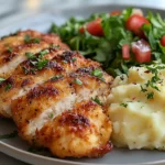 Plated air-fried cordon bleu with mashed potatoes and a salad