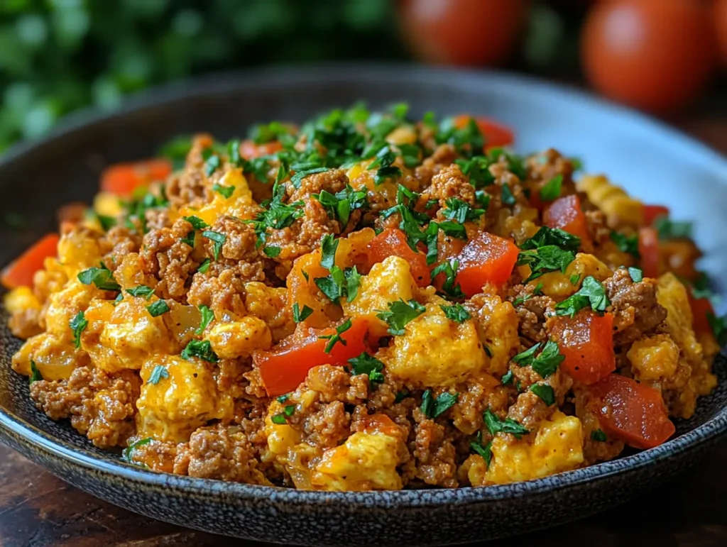 Savory ground beef and scrambled egg mixture with diced tomatoes and fresh herbs, served on a black plate.