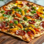 Crispy lavash bread pizza with colorful toppings