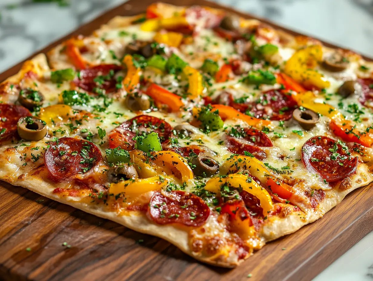 Crispy lavash bread pizza with colorful toppings