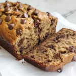 Healthy chocolate chip banana bread loaf on a paper